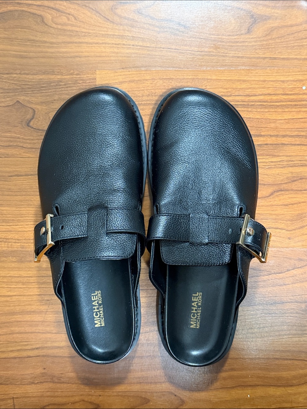 Michael Kors Black Leather Slip-On Buckle Clogs